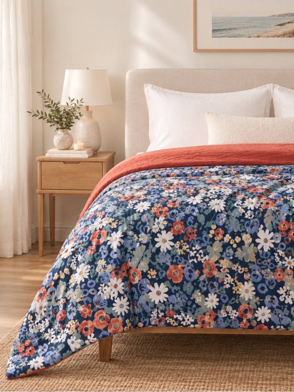 Floral Reversible Queen Comforter Blue Coral Down Alternative Cozy Bedding